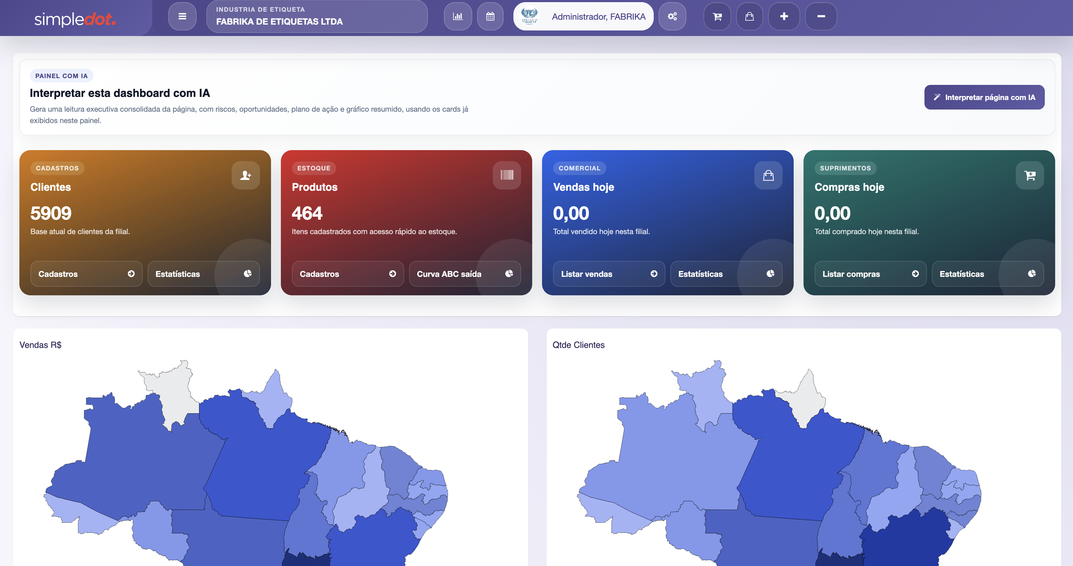 Dashboard do SimpleDot com indicadores de gestão